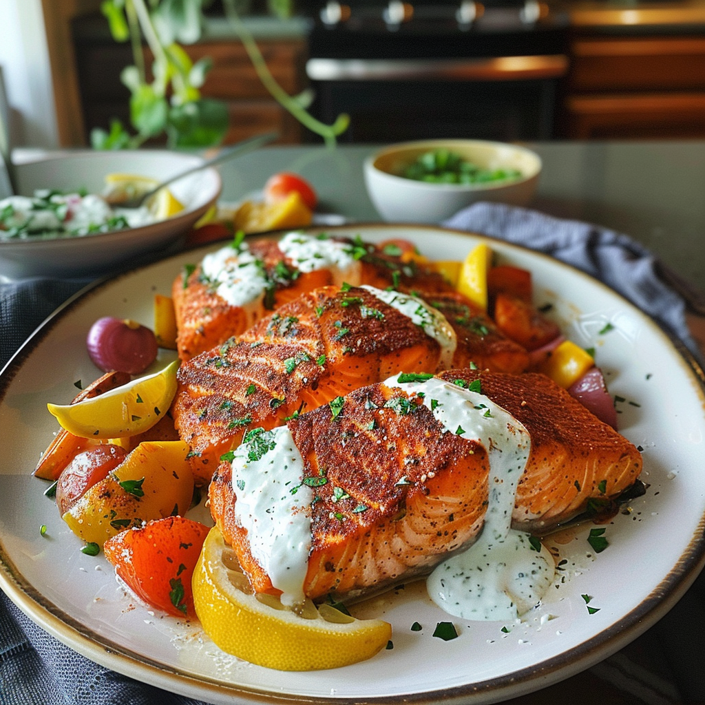 Moroccan Spiced Salmon with Lemon Yogurt Sauce