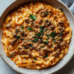 Ground Beef Orzo with Tomato Cream Sauce Recipe
