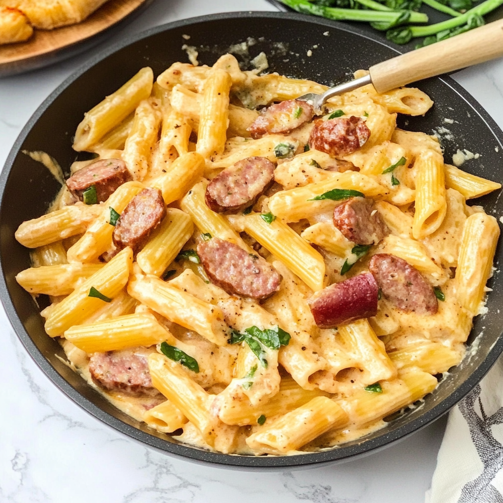 One Pan Cheesy Smoked Sausage & Pasta