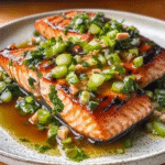 Miso Butter Salmon with Sizzled Scallion Salsa Verde