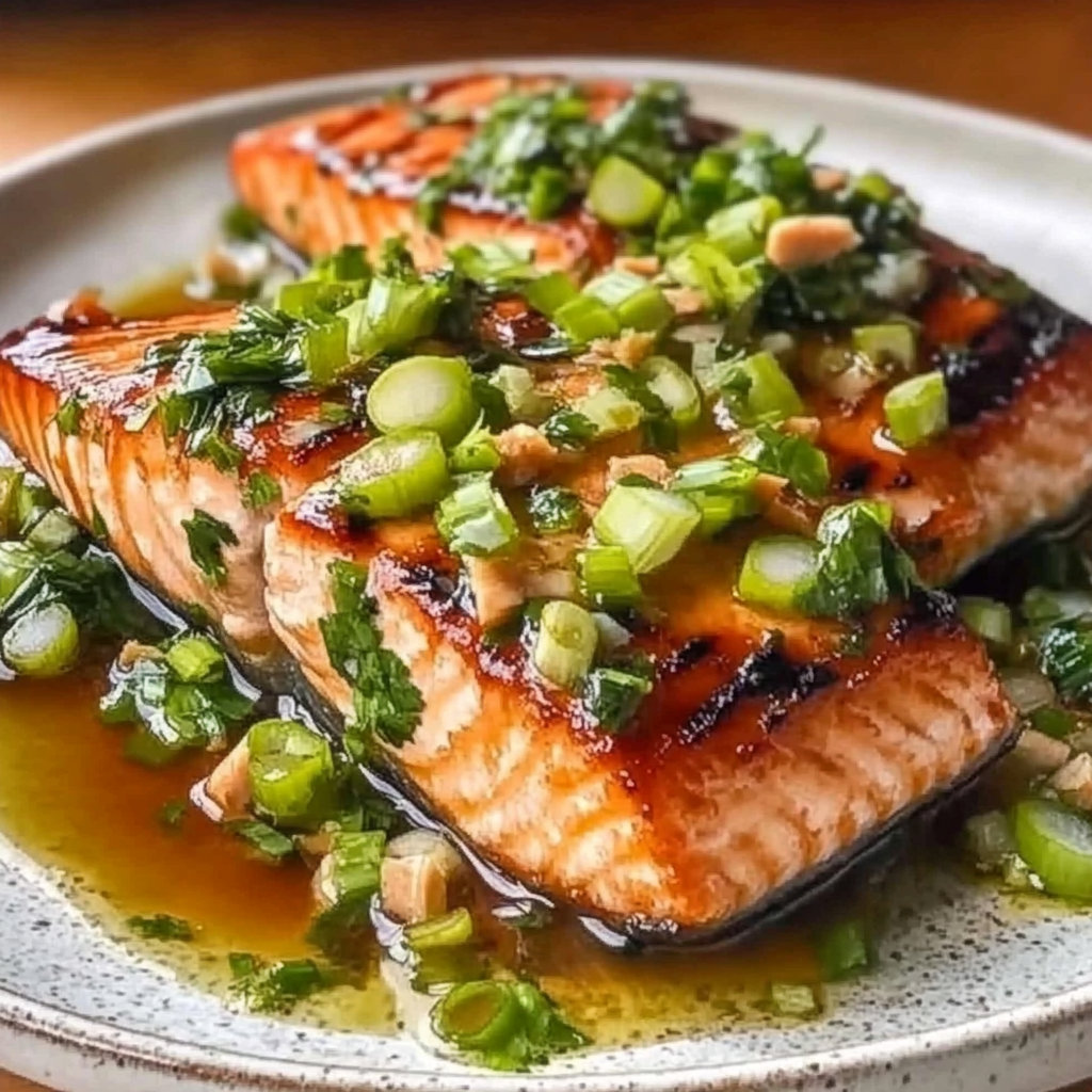 Miso Butter Salmon with Sizzled Scallion Salsa Verde