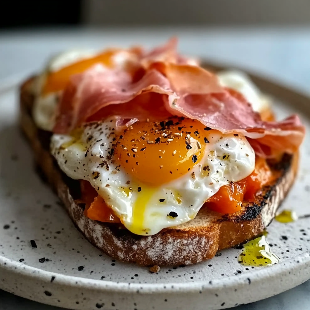 Fried Egg Yolk, Burrata & Prosciutto Toast