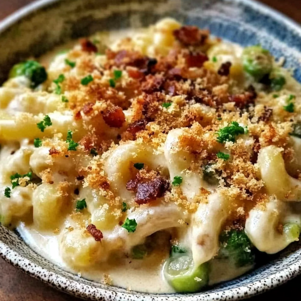 Mac and Cheese with Brussels Sprouts & Bacon Breadcrumbs