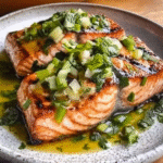 Miso Butter Salmon with Sizzled Scallion Salsa Verde