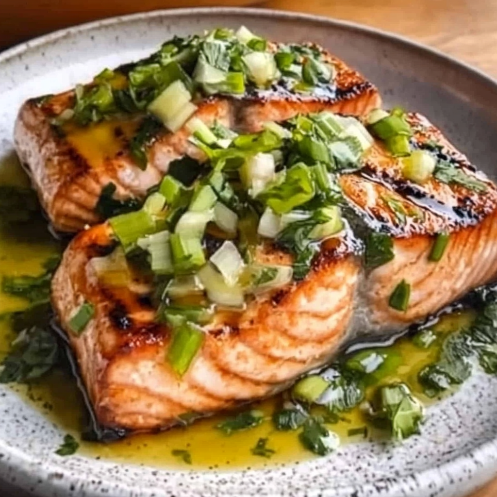 Miso Butter Salmon with Sizzled Scallion Salsa Verde