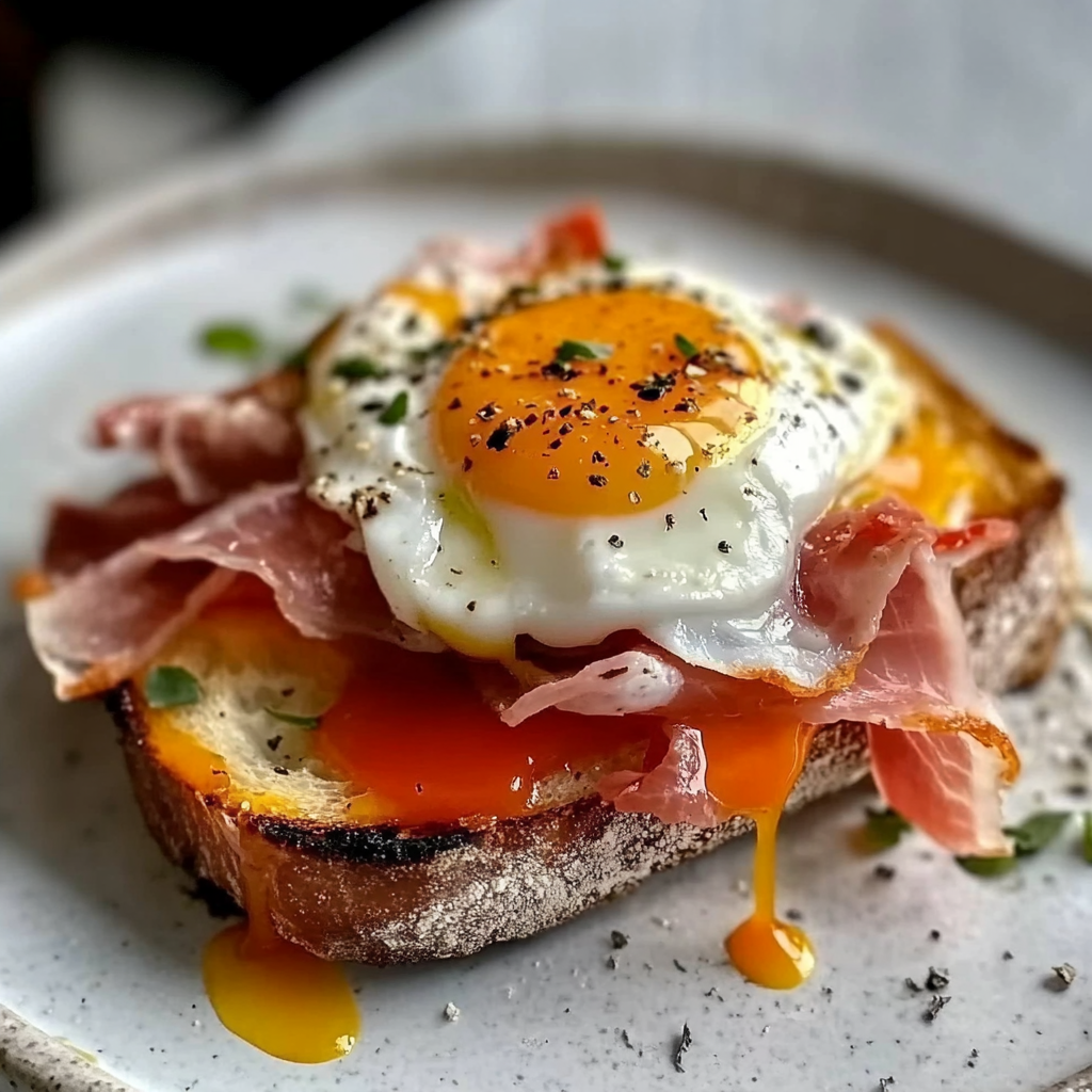 Fried Egg Yolk, Burrata and Prosciutto Toast