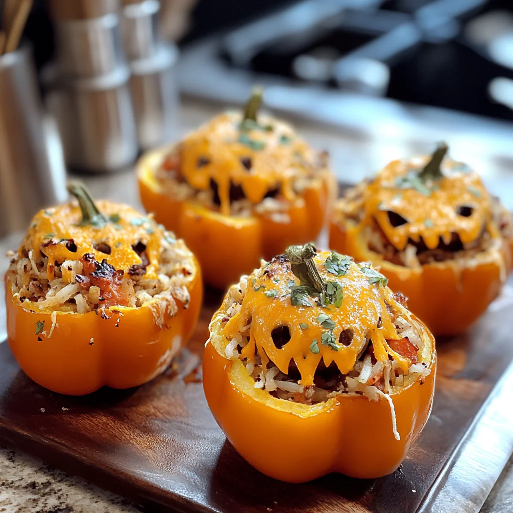 Spooktacular Shredded Chicken & Rice Stuffed Peppers