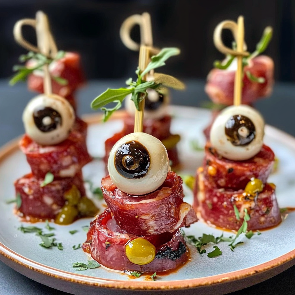 Skewered Salami Eyeballs for a Spooky Snack