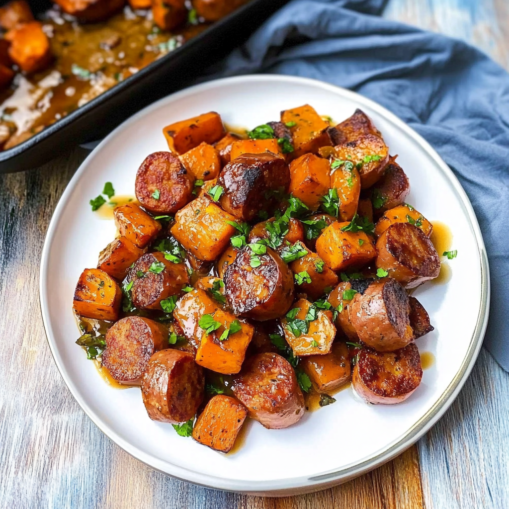 Maple Glazed Sweet Potato and Sausage Bake